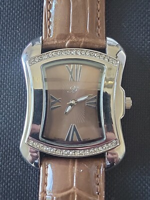 BURGI Rhinestone Stainless Brown Croc Emboss Leather Quartz Wrist Watch BTVO11