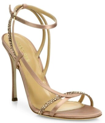 Sandales à Talons Sergio Rossi Lexington Strass - Nu 39.5 - Satin à Lanières - NEUF Boîte