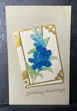 Vintage Embossed Raised Felt Blue Flower Bouquet Birthday Greetings Postcard