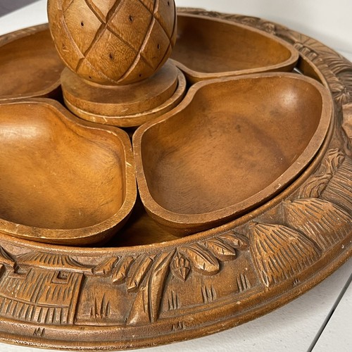 VTG Teak Tiki Tray Lazy Susan Pineapple Hand Carved Monkey Pod Wood Bottom Part - Picture 2 of 12