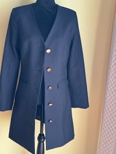 Ladies J.o.a.just One Answer Navy Blue Colarllss Long Blazer M Gold Tone Button