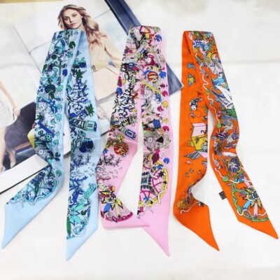  Twill Silk Scarf Ribbon Carriage Print Slim Headband Neck Tie 33*2''