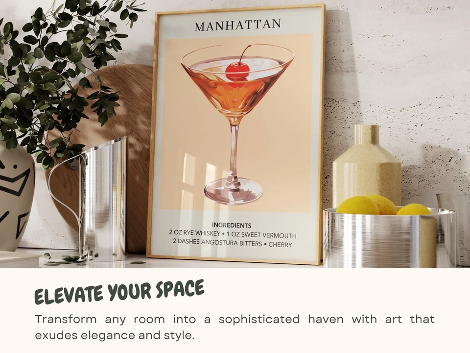 Impresión de cóctel Manhattan - Carrito de bar arte de pared de cocina - Decoración de recetas de bebidas Foto 4 de 4