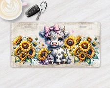 Cute Highland Cow and Sunflowers Front License Plate Car Accessory Vanity Plate