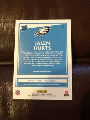 2020 Panini Donruss Rated Rookie Press Proof Green #314 Jalen Hurts RC Eagles - Picture 2 of 2