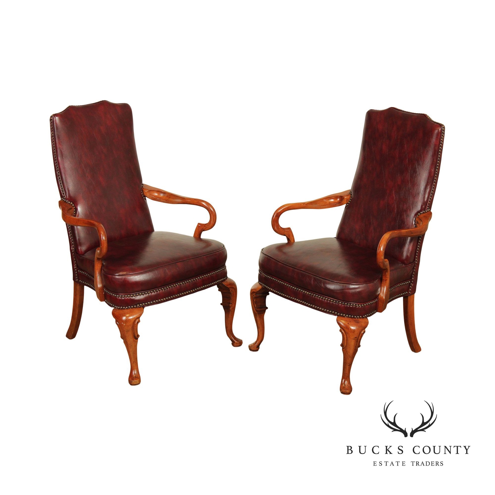 Queen Anne Style Pair of Leather Armchairs eBay