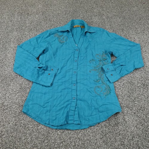 Wrangler Shirt Damen S blau Perlen Druckknopf Nieten Bling Western Cowgirl Rodeo Ranch