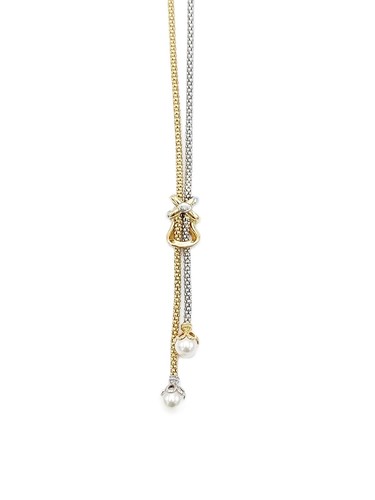 Collana donna in oro bianco e giallo 18 kt, con zirconi e 2 perle Akoya 7.5mm. - Foto 6 di 14