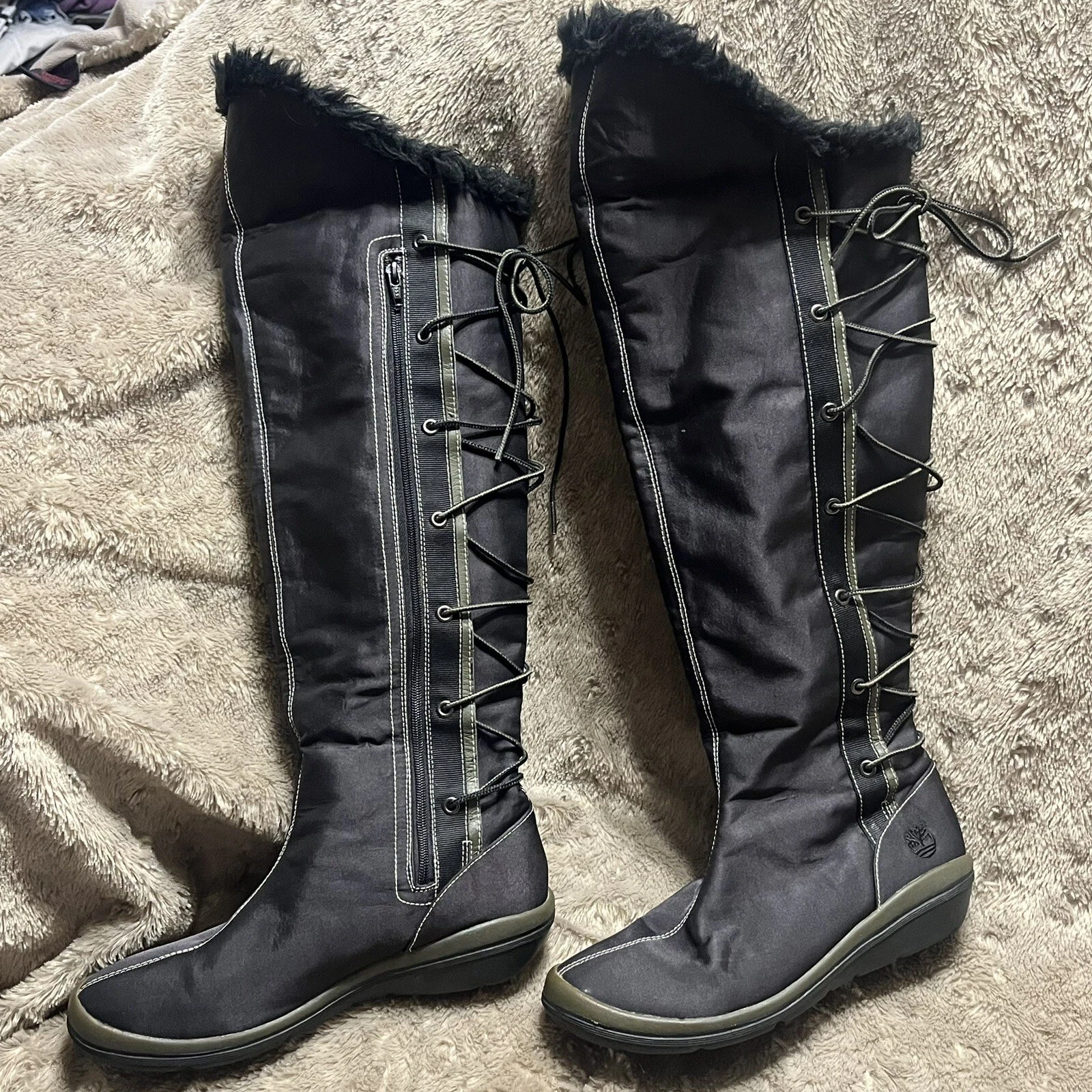 Stivali resistenti all'acqua Timberland neri al ginocchio con lacci laterali cerniera taglia 6 5 M