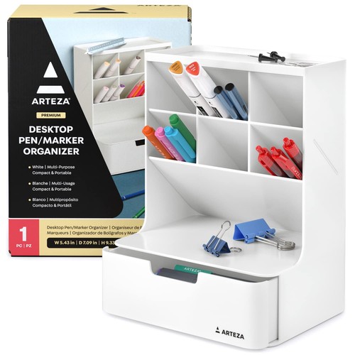 Desktop Pen and Marker Organizer, 6-Compartment White Pen Holder for Desk wit...