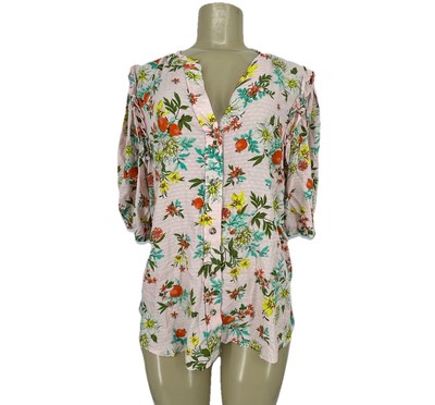 Democracy Large Women Floral Button Up Blouse Puff Sleeve K1-2