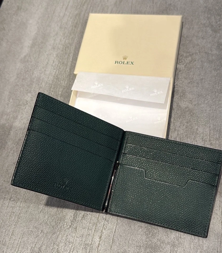 Rolex Verde Delgado Doble Plegable Cartera de Cuero con Clip para Dinero - Totalmente Nuevo En Caja Foto 2 de 4