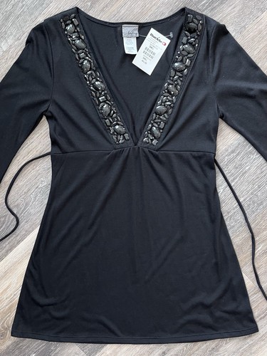 NWT Daytrip Jeweled Deep V-Neck Babydoll Tunic Top Shirt Long Sleeve Sheer Small - Picture 4 of 12