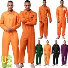 US Mens Prison Convict Long Sleeve Jumpsuit Costume Jailhouse Cosplay Uniform