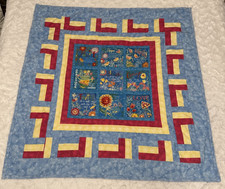 Hand Made Sewn Wall Hanging Lap Quilt 43  x 44  Inspiration Pattern Blue Red Yel