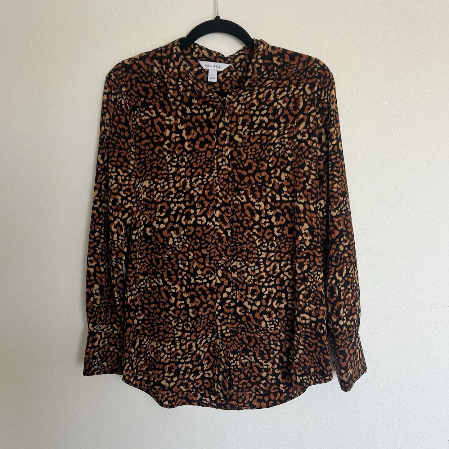 Nine West Women's S Brown Black Beige Animal Print Collared Button-Up Blouse