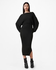 Image of AllSaints Women's Sheath Dress Black Long Dolman Sleeve Boat Neck Size UKM