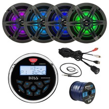 Marine Bluetooth Radio, 4x 6.5" LED Speaker, Grilles, Antenna, USB Adapter, Wire