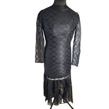 Vtg 80's Elegant Whimsigoth Black Floral Lace Long Sleeve Midi Dress