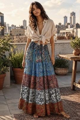 Recycled Skirt Silk Blend Patchwork Lightweight Tiered Ruffle Free Size Boho