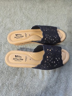 Spring Step Estella Cork Wedge Black Laser Cut Sandal EU 37 US 6.5