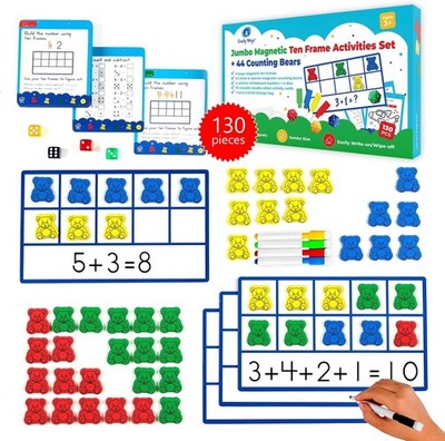130 PCS Jumbo Magnetic Ten Frames Activity Set with Counting Bears, Math Manipul