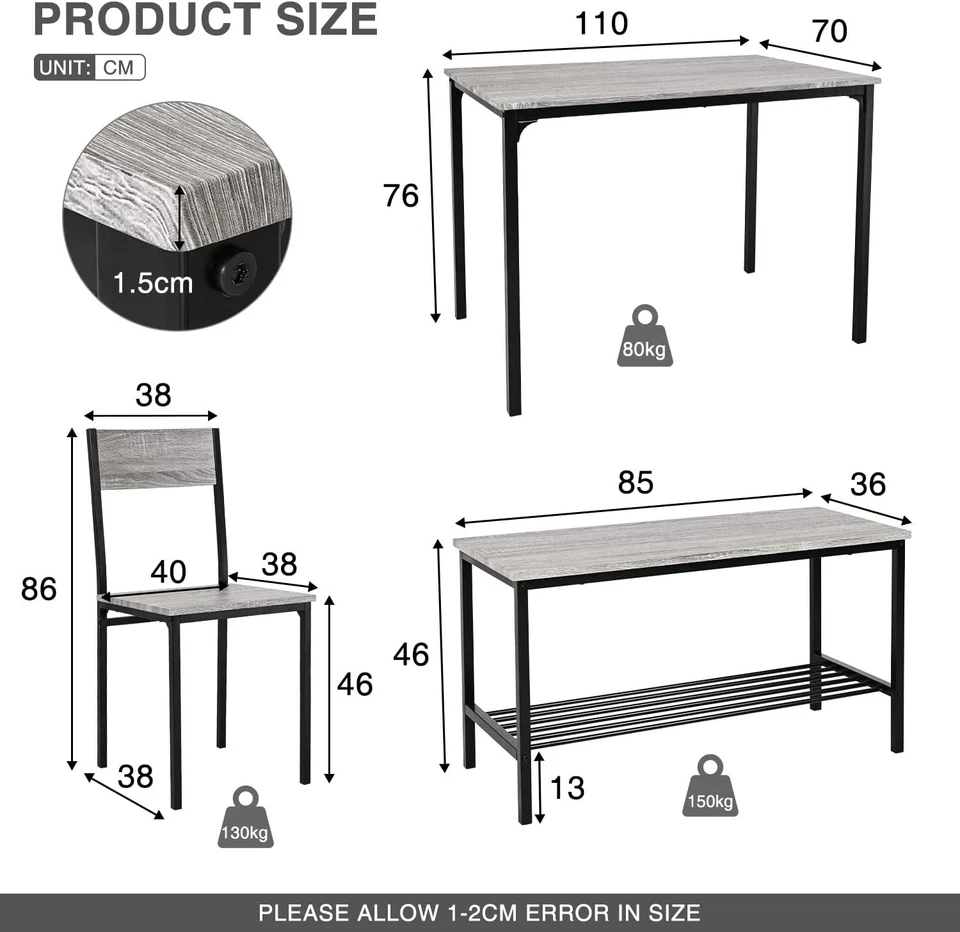 4-Piece Grey Dining Set with Bench & Chairs | Space Saving Kitchen Table - Image 3 of 4