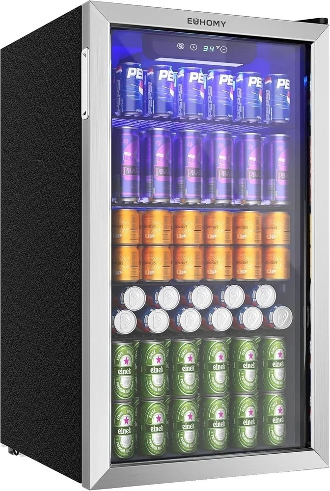 Beverage Refrigerator and Cooler, 128 Can Mini Fridge with Glass Door, Small Ref
