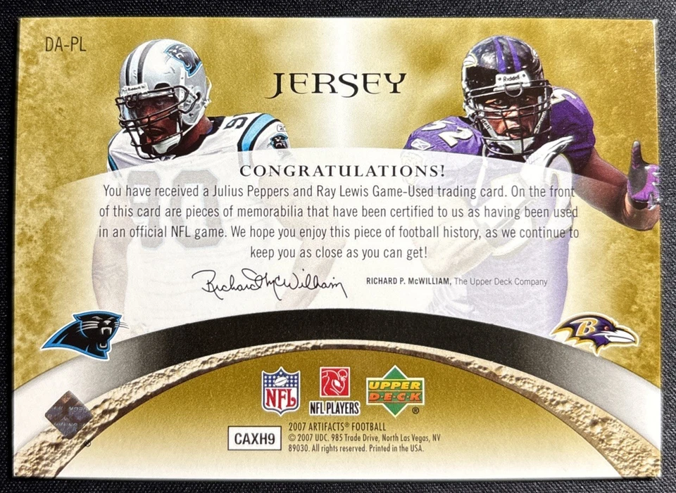 Julius Peppers Ray Lewis 2007 UPPER DECK ARTIFACTS DUAL GAME WORN JERSEY /99 SP Foto 2 de 2