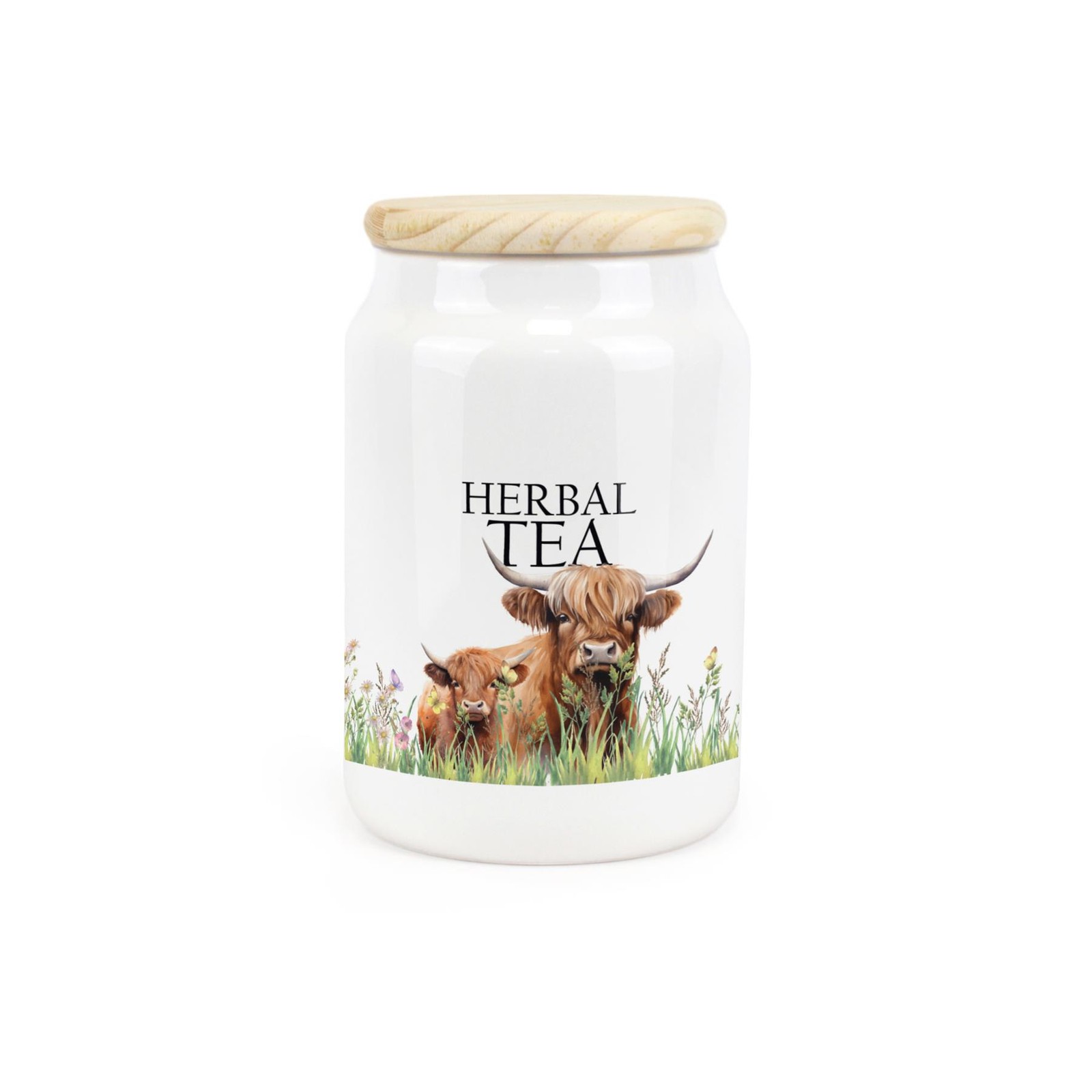 Ceramic Tapered Highland Cow & Calf Canister - Herbal Tea Storage Container