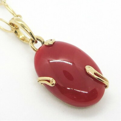 Oval Shaped Natural Genuine Precious Red Coral Pendant Necklace (P15)