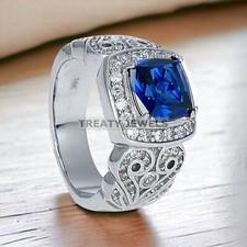 Blue Sapphire Cushion Cut Gemstone With 14K Solid White Gold Ring For Men's 275