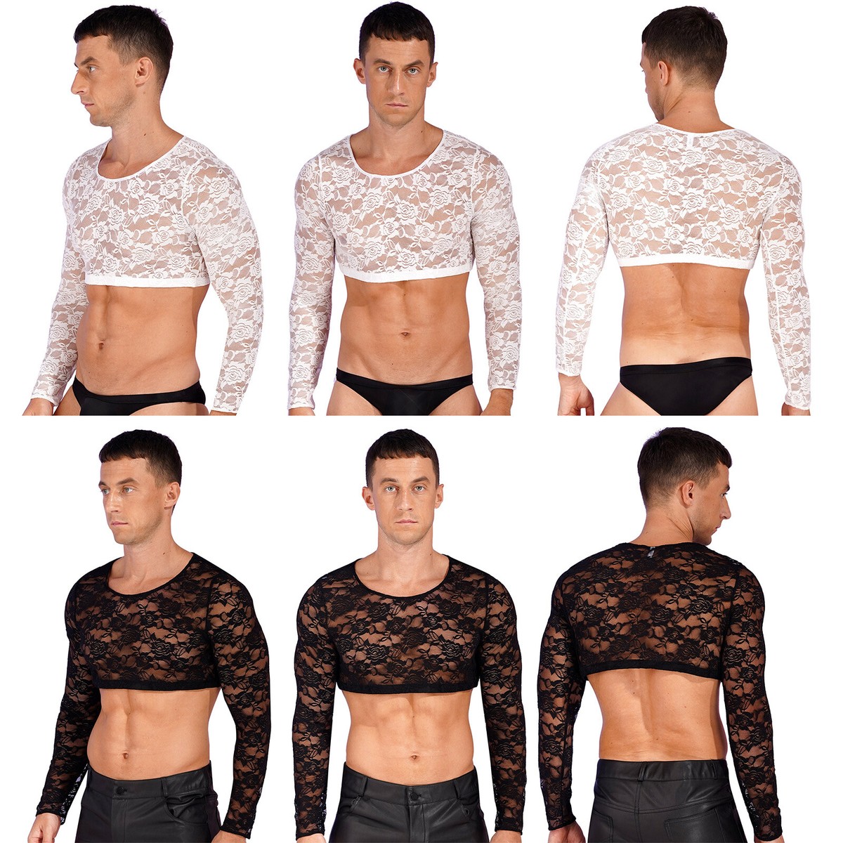 Mens Floral Lace Long Sleeve Mesh Crop Top Blouse Workout Gym Half