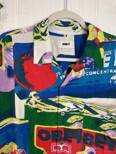 Obey Mens Graphic Hawaiian Button-Up Shirt L Colorful Pop Art Design100% Viscose - Picture 6 of 14
