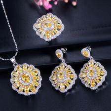 Cubic Zirconia Yellow Necklace Earrings Ring Silver Plated Jewelry Set for Women