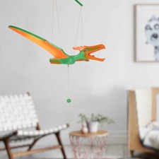 Hand-Painted Wooden Pterodactyl Mobile Green Orange Dinosaur Decor Hanging