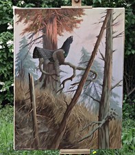 Heinz Roder – Large Auerhahn IN Forest – Original Oil Painting on Canvas, Signed