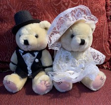 Bride and Groom Teddy Bears Jointed Arms  Legs 8.5   Top-hat Vest Dress Veil