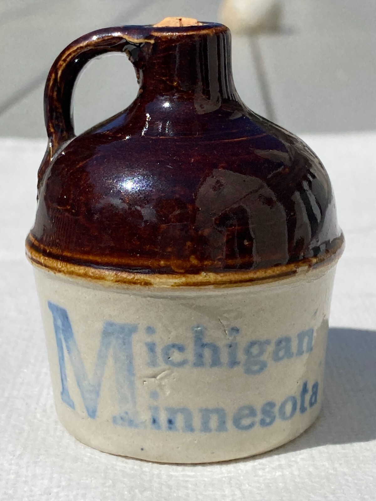 Antique Minnestoa Michigan Who Will Win Redwing Stoneware Mini Jug Red Wing