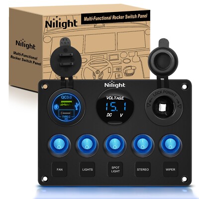 Nilight 5 Gang Multi Function Waterproof Switch Panel PD Type C and USB Charger