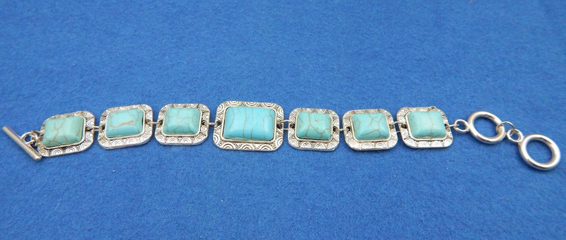 Unique Tibetan Silver plate Rimous Green Rectangle Turquoise Bracelet 8" NEW