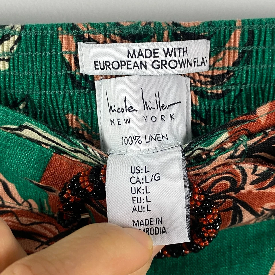 Pantalones cortos Nicole Miller New York 100 % lino pierna ancha L verde rojo palma con cinturón Foto 4 de 4