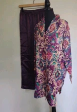 EB Kathryn Women's Satin Pajamas Top And Pants Set Size M Purple Print 