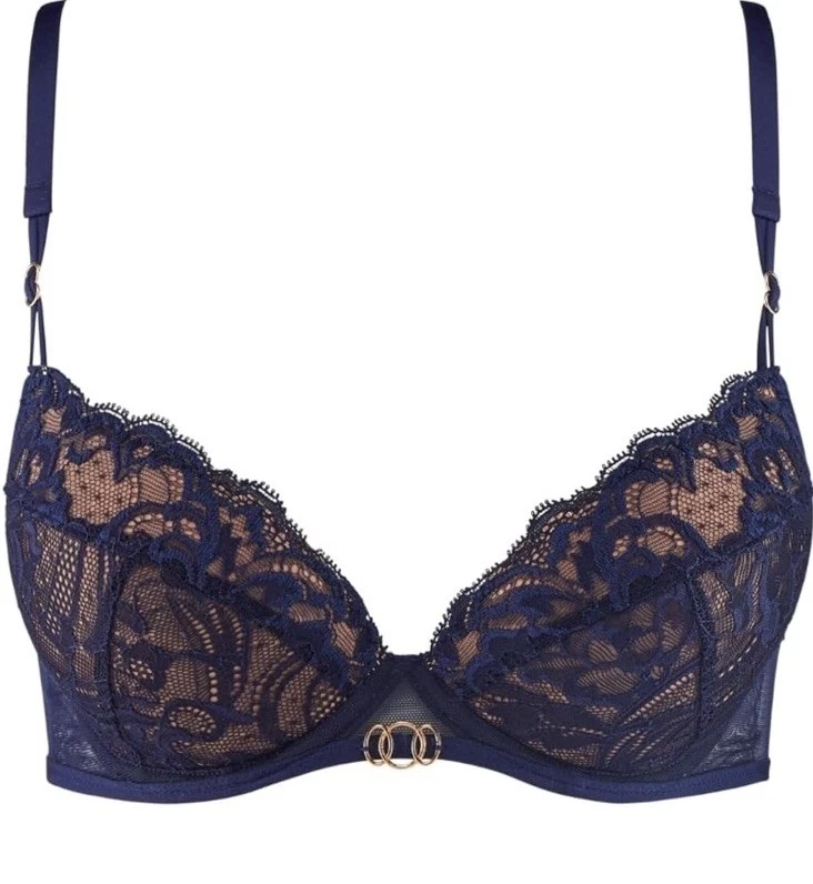 全新 Aubade 胸罩 Add A 杯垫 法国 金色 五金 蕾丝网眼 海军蓝 墨水 蓝色 34c — 第 2/4 张图片
