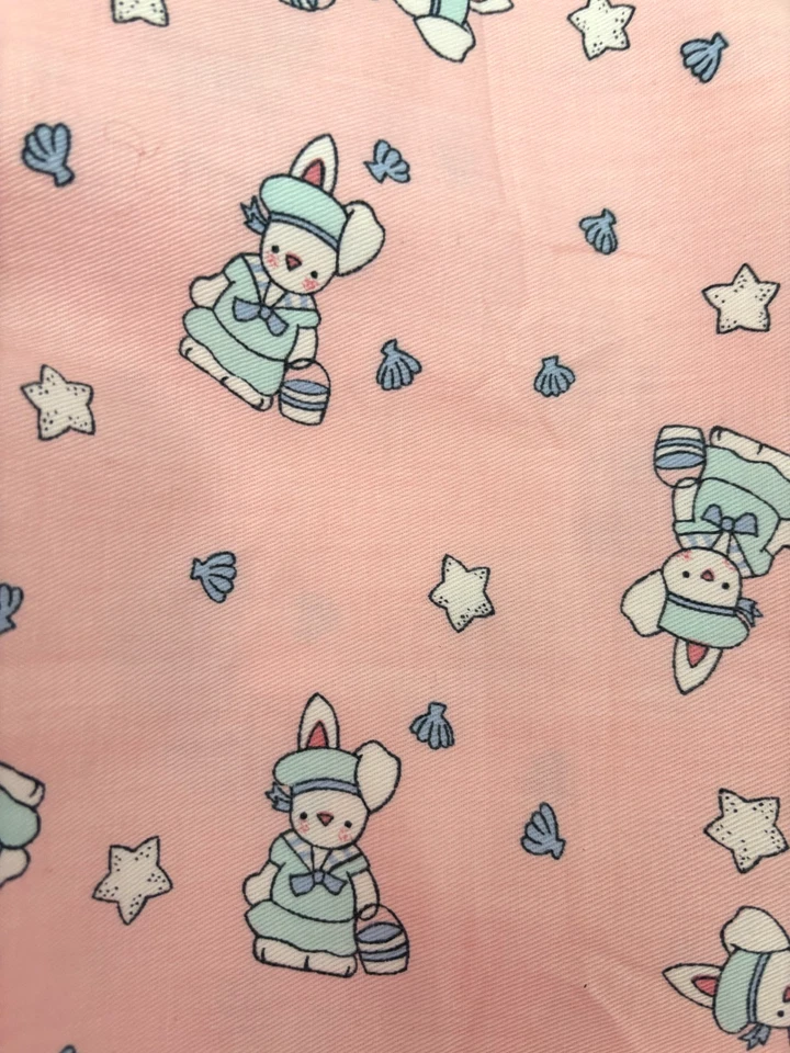 Vtg Scant 1Yd 60WX20.5L Pink Blue BUNNIES Stars AVONDALE FABRIC Twill Cotton - Image 4 of 4
