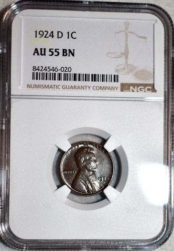 NGC AU-55 BN 1924-D Lincoln Cent, Highly Lustrous, Barely Worn, Tough Date!