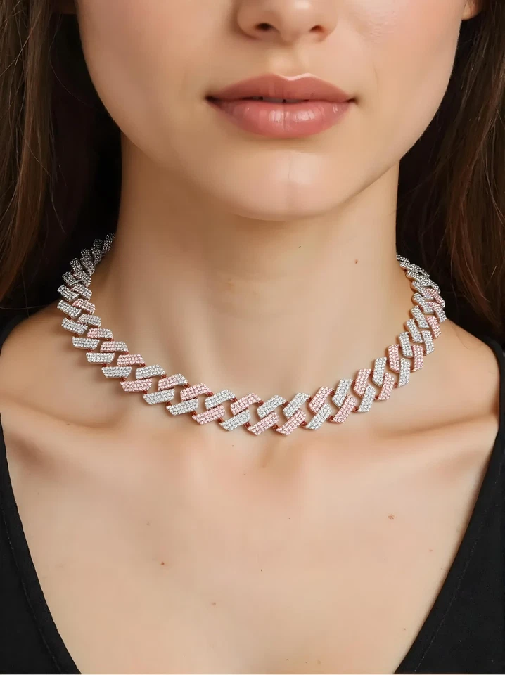 Collar gargantilla cadena diamante H/SI de dos tonos oro macizo blanco/rosa 14k regalo Foto 2 de 4