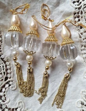 Drop Crystal Christmas Ornaments Gold Beads Tassels Victorian Tree Set of 4