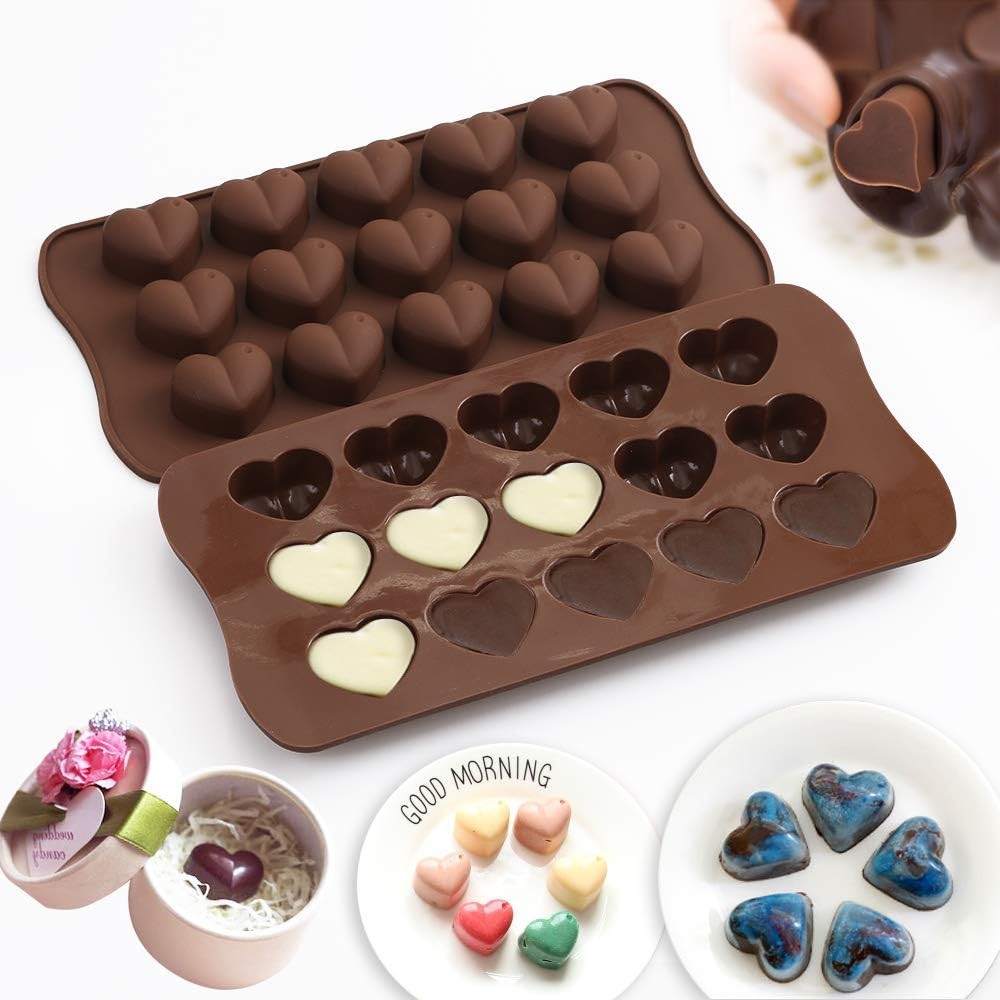 homEdge 15-Cavity Dimpled Heart Shape Chocolate Mold, Silicone Brown 