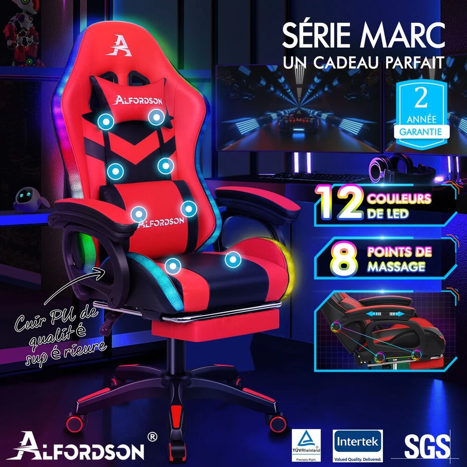 ALFORDSON Chaise Gaming Chaise de Bureau LED et Massant 8 Points Rouge et Noir - Photo 2/4